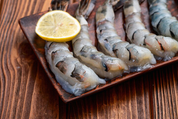 Raw big tiger ( king ) shrimps Cleaned, Peeled & Deveined photography . Top view