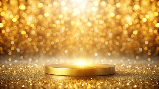 A podium stands on a shimmering golden background, surrounded by soft, blurred bokeh, creating an elegant and captivating setting for presentations or speeches