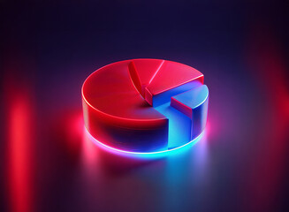A vibrant 3D pie chart, rendered in glowing red and blue neon, sits on a reflective surface.  The segments suggest data visualization and analysis.