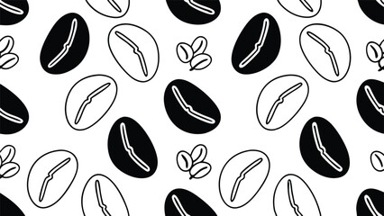 Coffee Bean Pattern Background, Black and White Coffee Beans with Leaves Design, Trendy Coffee-Themed Seamless Pattern Illustration.