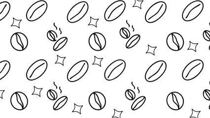 Coffee Bean Pattern Background, Black and White Coffee Beans with Leaves Design, Trendy Coffee-Themed Seamless Pattern Illustration.