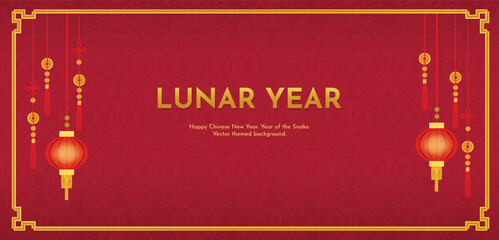 Naklejka premium Lunar year red vector background. Traditional decoration: paper lanterns and coins on the ornament with a golden frame.