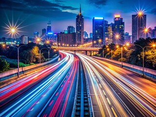 Night Highway Traffic Lights Trails, Fast Cars Blurred Motion, Cityscape Driving