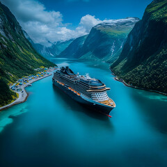 Cruise Ship in Fjord Landscape