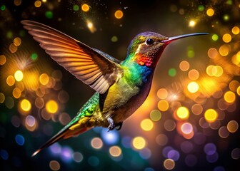 Obraz premium Night Hummingbird Flight, Blurred Wings, Dark Background, Sparkling Lights
