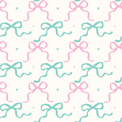 Retro Pastel Pink and Mint Wavy Bows Seamless Pattern Hand Drawn isolated on backgroud