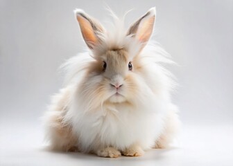 Obraz premium Fluffy English Angora Rabbit on White Background - Studio Drone Shot