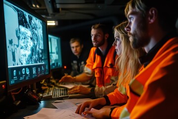 Obraz premium Team in safety gear strategizes rescue mission with interactive screen in dimly lit control room