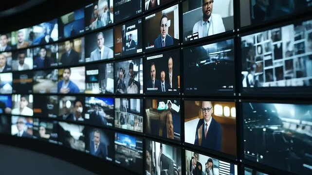 Global Newsroom Multiple Video Screens Displaying Diverse Stories