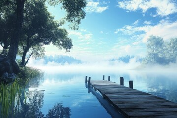 Naklejka premium Serene lakeside scene with mist, wooden dock, trees, and reflections under a clear blue sky