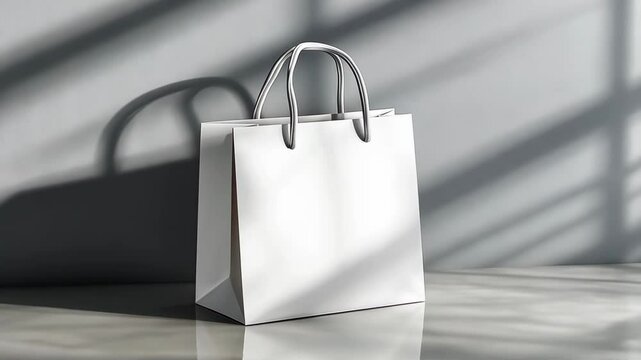 Simple white shopping bag resting on a reflective surface with dramatic shadows in a minimalistic setting