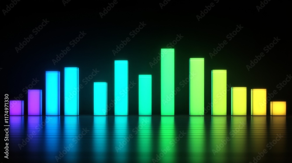 Poster a financial bar graph displayed on a desktop monitor with vibrant bars in shades of green and blue, 