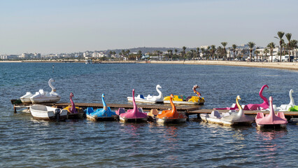 Fototapeta premium Pédalos colorés dans une base nautique