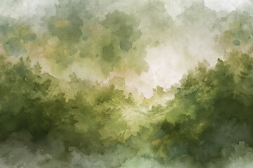 Soft watercolor landscape, lush green foliage, misty atmosphere, serene nature scene, calming background for design.