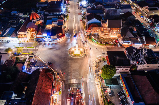 Monument and street intersection at night, Yogyakarta city, Java, Indonesia