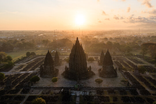 Aerial view of Prambanan temple at sunset, Yogyakarta, Java, Indonesia