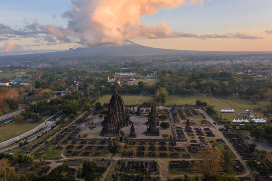 Aerial view of Prambanan temple at sunset, Yogyakarta, Java, Indonesia