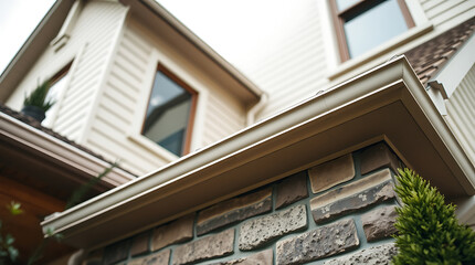 Close-up view of a house's exterior, focusing on a corner with beige siding, a light beige rain gutter, and a brown brick accent wall.  Part of a second roofline is visible.