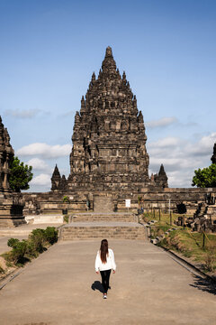 Asian woman visiting Prambanan temple, Yogyakarta, Java, Indonesia