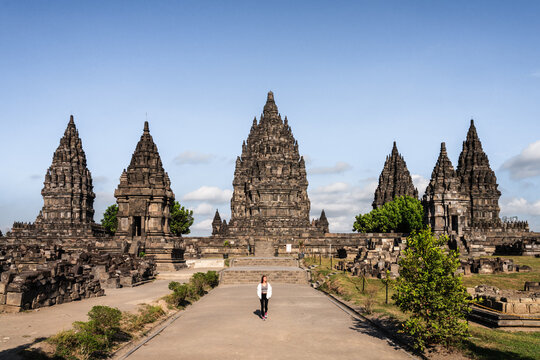 Asian woman visiting Prambanan temple, Yogyakarta, Java, Indonesia