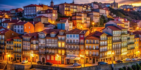 Fototapeta premium Night Photography: Colorful Historic Houses of Porto, Portugal