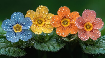 Four vibrant flowers with water droplets.