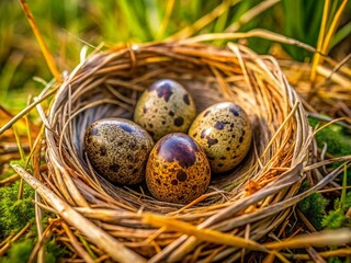 Obraz premium Four Dunlin Eggs in Grass Nest - Close-Up Wildlife Photography