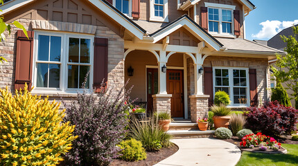 Fototapeta premium Two-story house with stone facade, brown shutters, landscaped front yard featuring various shrubs and flowers, and a paved walkway leading to the front door.