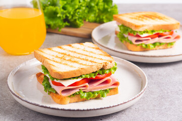 Close-up of two sandwiches with bacon, salami, prosciutto and fresh vegetables on rustic wooden...
