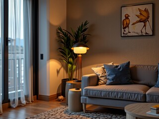 Cozy Living Room Interior Design with Lamp Sofa and Artwork at Dusk