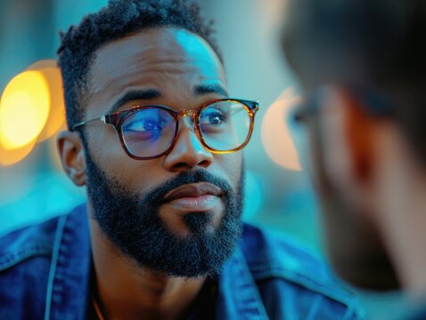 Men with facial hair discussing