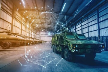 Military vehicle in modern warehouse with tech overlay illustrating data integration