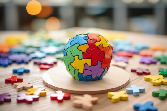 Colorful brain shaped wooden puzzle with vibrant geometric shapes symbolizing creative intelligence