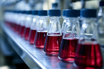 Rows of glass containers, red liquid, blue caps.