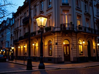 Fototapeta premium Charming European Street at Dusk Illuminated Buildings Classic Lampposts Cobblestone Street