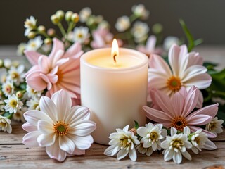 Fototapeta premium Serene Lit Candle with Delicate Pink and White Flowers on Rustic Wooden Table