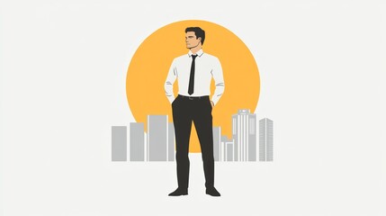 Fototapeta premium Confident Businessman Cityscape Minimalist Illustration Yellow Sun Background