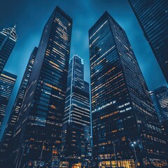 Fototapeta premium Low angle view of illuminated skyscrapers at night.
