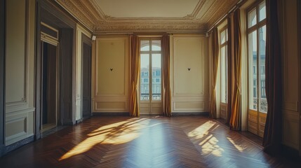 Fototapeta premium Sunlit Parisian apartment, hardwood floor, vacant, city view, real estate