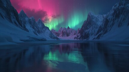 Obraz premium A frozen lake reflecting the vibrant green and pink hues