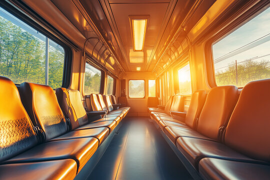 A modern train interior with sleek leather seats, wide windows, and soft lighting, with copy space. Bright natural light.