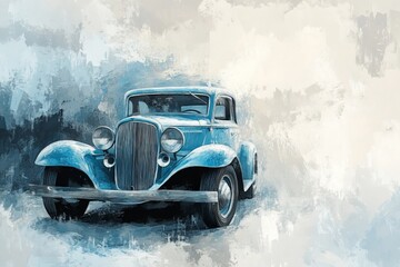 Impressionist artwork featuring an abstract vintage car in light gray and blue tones on canvas