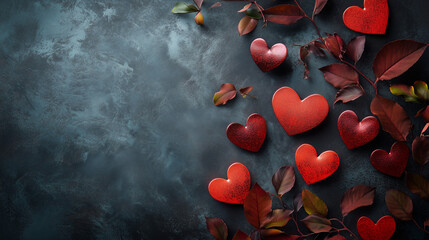 Kompozycja z sercami na tle w stonowanych odcieniach, symbolizująca miłość i Walentynkowy klimat.
