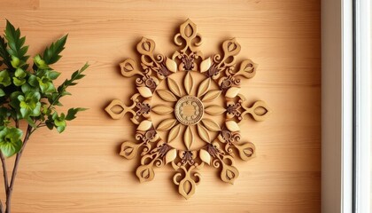 Fototapeta premium Ornate wooden wall decor on light wood