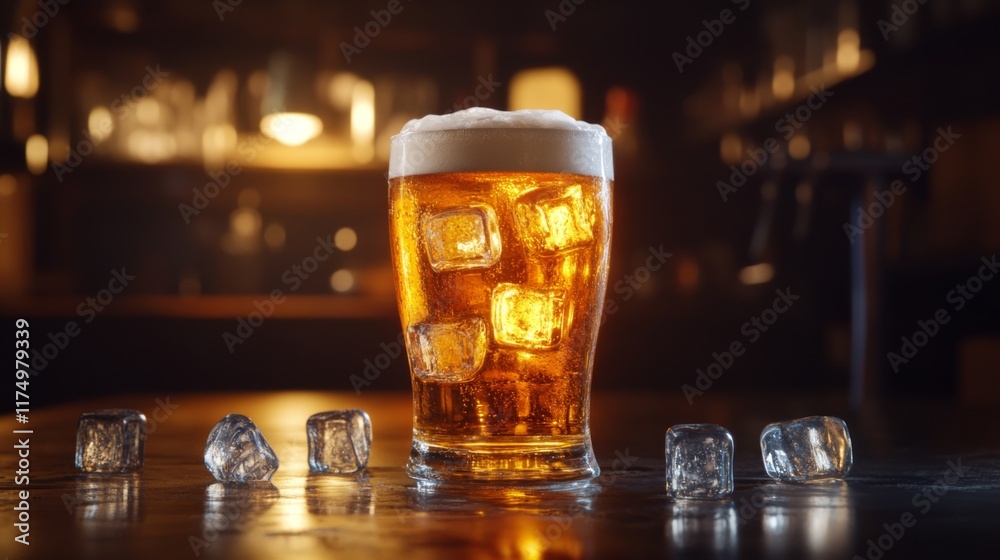 Poster a frosty beer glass filled with ice, set against a dark background with soft lighting emphasizing th