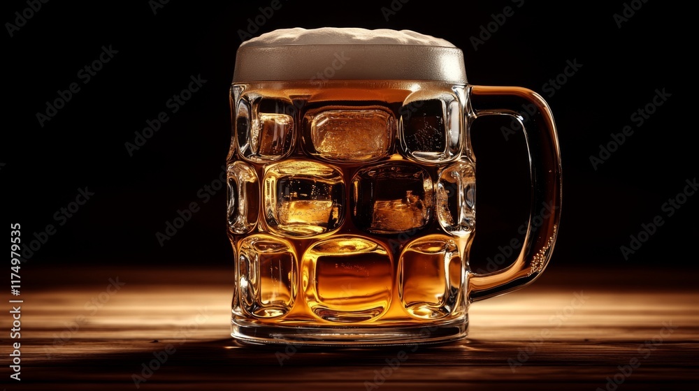 Poster a frosty beer glass filled with ice, set against a dark background with soft lighting emphasizing th