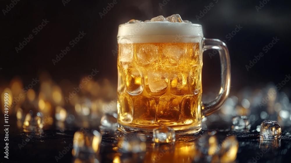 Poster a frosty beer glass filled with ice, set against a dark background with soft lighting emphasizing th