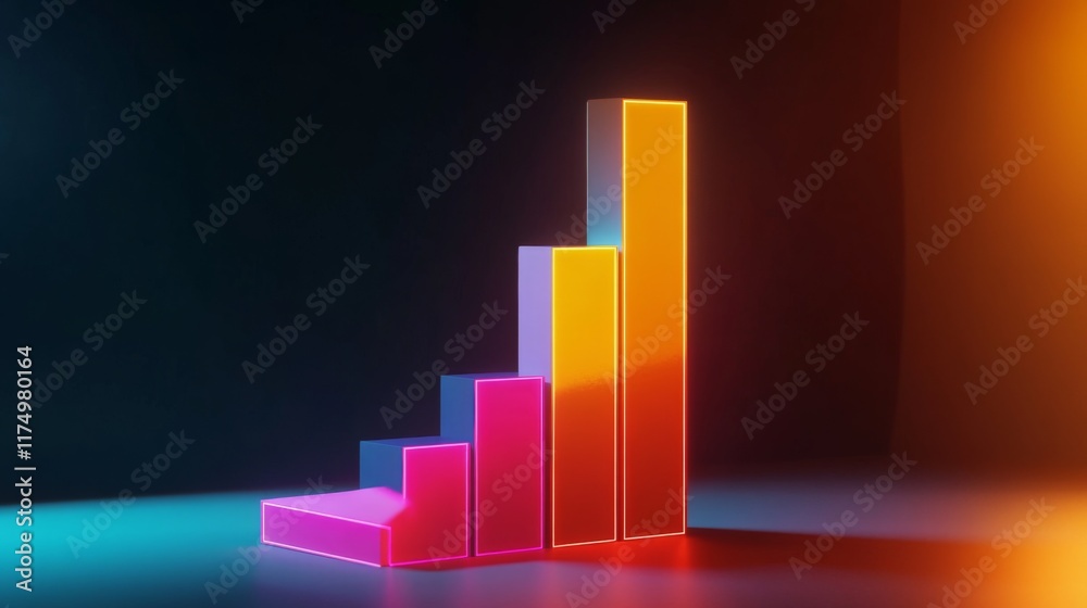 Poster a futuristic d bar graph with colorful, glowing bars rising on a digital screen, showcasing financia