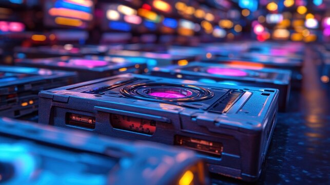 Futuristic metallic boxes with vibrant neon lights.
