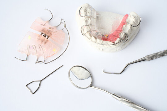 Dental braces, orthodontic bite treatment. Dental Plate for Children, Retainer for teeth correction. Tooth plates